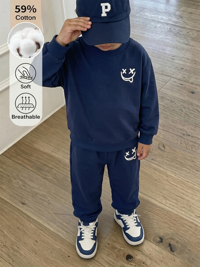 SHEIN Playful Pals 2pcs Boys 4-8Y Spring/Autumn Navy Blue Simple Casual Long Sleeve Pullover Sweatshirt & Jogger Pants Set, Suitable For School, Outings And Other Casual Occasions