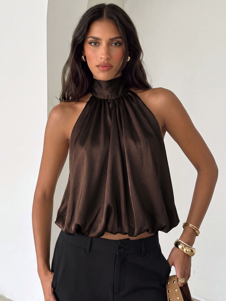 Aloruh Women's Solid Color Pleated Casual Elegant Versatile Daily Wear Halter Neck Top Night Out Cocktail Dark Brown - Coffee Brown - View 1
