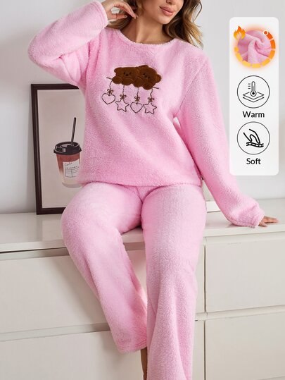SHEIN Women Cute Bear Trio Appliqu Soft Plush Sleeveless Top And Straight Leg Pants Cozy Casual Pajama Set