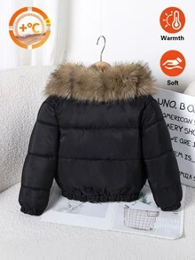 Elladie kids 1件女款新式大毛領冬季外套 Y2K，可愛上衣，秋季，夾克，開襟衫 - 黑色 - 查看 3