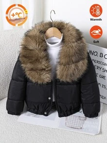 Elladie kids 1件女款新式大毛領冬季外套 Y2K，可愛上衣，秋季，夾克，開襟衫 - 黑色 - 查看 2