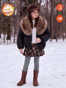 Elladie kids 1件女款新式大毛領冬季外套 Y2K，可愛上衣，秋季，夾克，開襟衫 - 黑色 - 查看 4