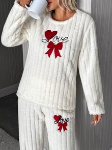SHEIN Cottnline طقم بيجامة كاجوال من القطيفة المضلعة مع فيونكة على شكل قلب - أبيض - مشاهدة 4