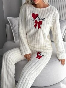 SHEIN Cottnline طقم بيجامة كاجوال من القطيفة المضلعة مع فيونكة على شكل قلب - أبيض - مشاهدة 5