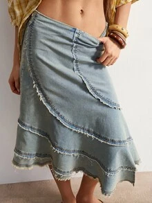 Bohemela Women's Casual Solid Color Woven Skirt Vacation Holiday Daily Light Blue Autumn - Blue - View 6