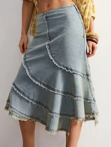 Bohemela Women's Casual Solid Color Woven Skirt Vacation Holiday Daily Light Blue Autumn - Blue - View 5