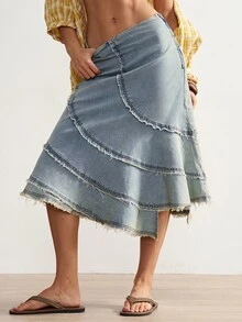 Bohemela Women's Casual Solid Color Woven Skirt Vacation Holiday Daily Light Blue Autumn - Blue - View 2