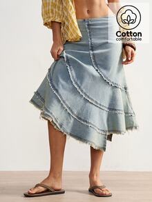 Bohemela Women's Casual Solid Color Woven Skirt Vacation Holiday Daily Light Blue Autumn - Blue - View 3