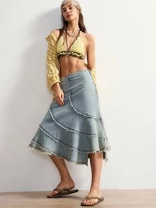 Bohemela Women's Casual Solid Color Woven Skirt Vacation Holiday Daily Light Blue Autumn - Blue - View 8