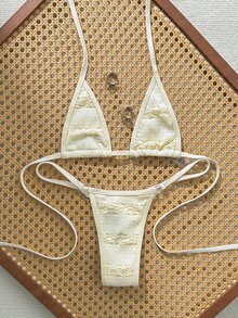 Swim Vcay 女款夏季海灘純色掛脖綁帶性感比基尼上衣與三角褲兩件式泳衣套裝 - 米色 - 查看 4