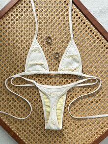 Swim Vcay 女款夏季海灘純色掛脖綁帶性感比基尼上衣與三角褲兩件式泳衣套裝 - 米色 - 查看 5