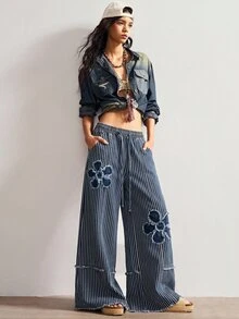Bohemela Casual Woven Denim Polka Dot Pattern Loose Washed Wide Leg Women's Long Pants - Blue and White - View 9