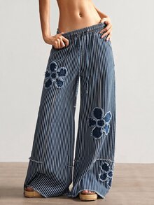 Bohemela Casual Woven Denim Polka Dot Pattern Loose Washed Wide Leg Women's Long Pants - Blue and White - View 4