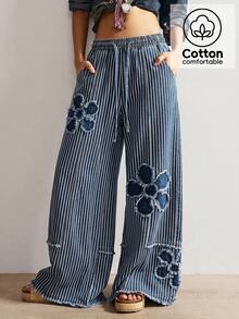 Bohemela Casual Woven Denim Polka Dot Pattern Loose Washed Wide Leg Women's Long Pants - Blue and White - View 10