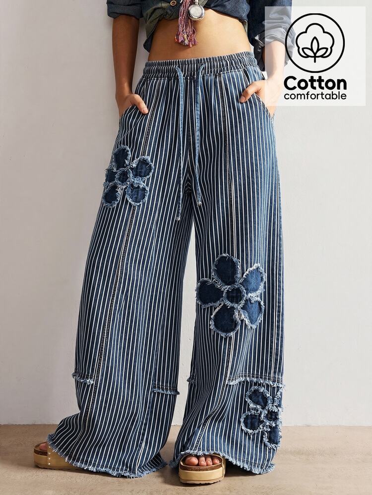 Bohemela Casual Woven Denim Polka Dot Pattern Loose Washed Wide Leg Women's Long Pants - Blue and White - View 1