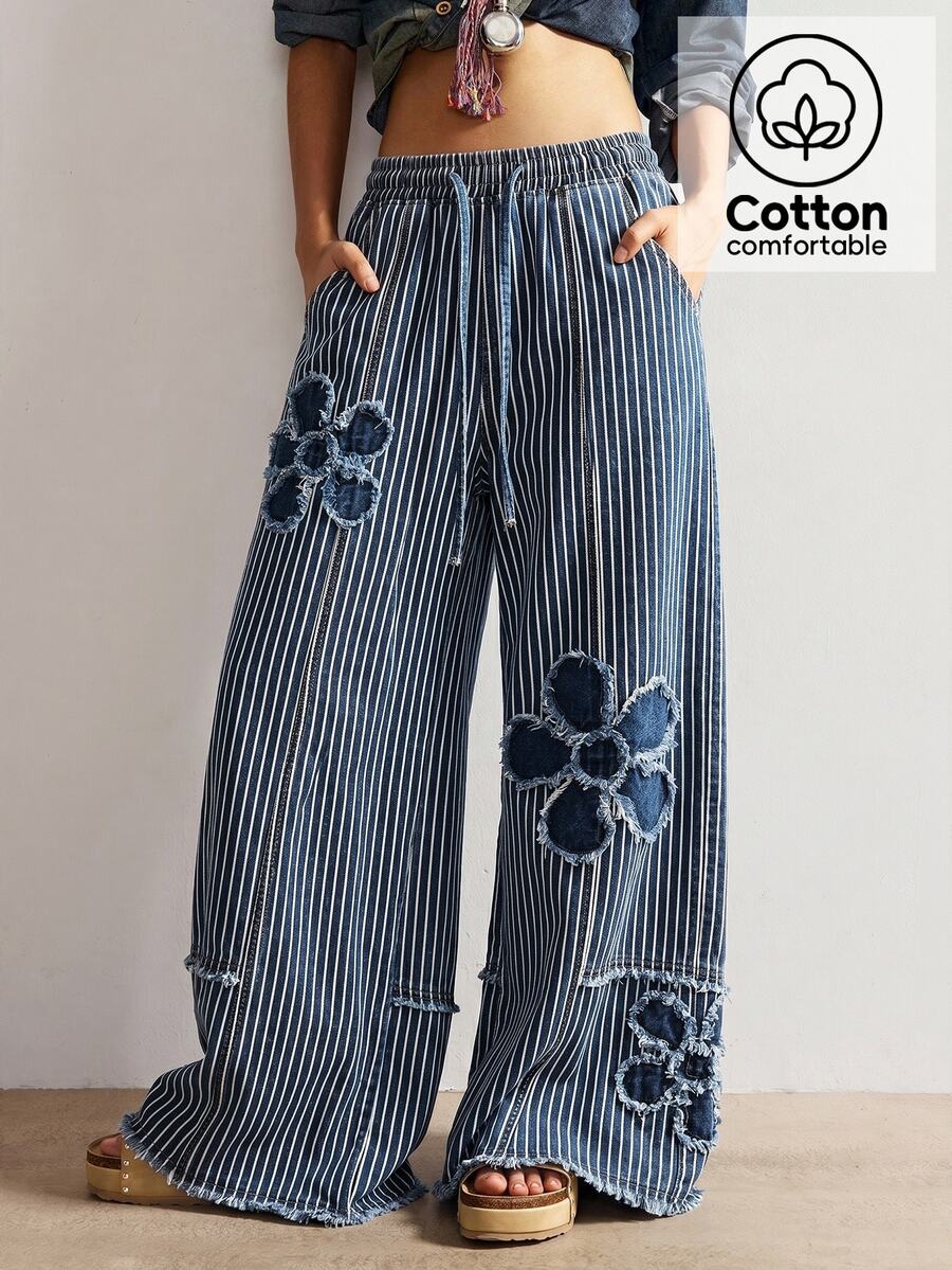 Bohemela Casual Woven Denim Polka Dot Pattern Loose Washed Wide Leg Women's Long Pants