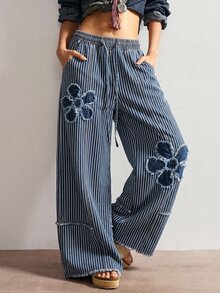 Bohemela Casual Woven Denim Polka Dot Pattern Loose Washed Wide Leg Women's Long Pants - Blue and White - View 6