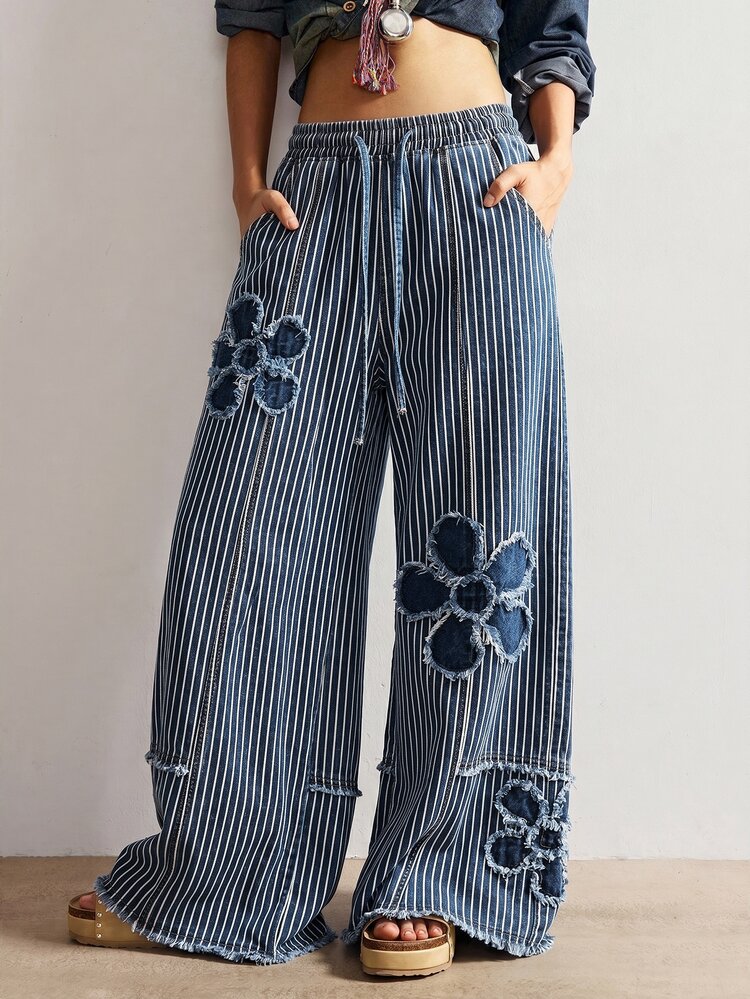 Bohemela Casual Woven Denim Polka Dot Pattern Loose Washed Wide Leg Women's Long Pants - Blue and White - View 9