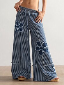 Bohemela Casual Woven Denim Polka Dot Pattern Loose Washed Wide Leg Women's Long Pants - Blue and White - View 3