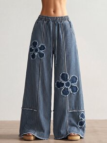 Bohemela Casual Woven Denim Polka Dot Pattern Loose Washed Wide Leg Women's Long Pants - Blue and White - View 8