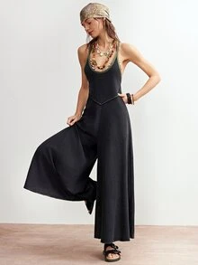 Bohemela Mono de pierna ancha de punto de unicolor casual para mujer - Negro - Ver 7