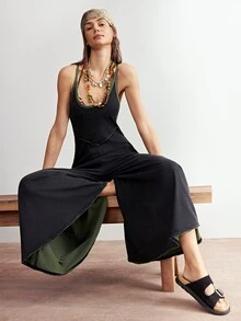 Bohemela Mono de pierna ancha de punto de unicolor casual para mujer - Negro - Ver 3
