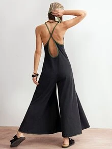 Bohemela Mono de pierna ancha de punto de unicolor casual para mujer - Negro - Ver 8