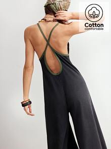 Bohemela Mono de pierna ancha de punto de unicolor casual para mujer - Negro - Ver 1