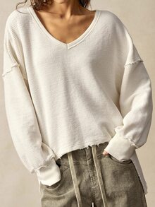 Bohemela 女士休闲纯色V领长袖宽松水洗运动衫秋冬女装 - 白色 - 查看 6