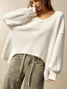 Bohemela 女士休闲纯色V领长袖宽松水洗运动衫秋冬女装 - 白色 - 查看 8