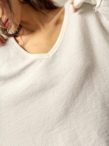 Bohemela 女士休闲纯色V领长袖宽松水洗运动衫秋冬女装 - 白色 - 查看 2