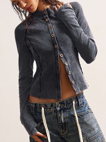 Bohemela 秋冬休闲纯色针织修身长袖女士薄外套 - 黑色 - 查看 8