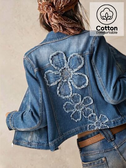 Bohemela Casual 70s Retro Streetwear 90s Solid Color Woven Denim Fitted Women's Jacket Everyday Going Out Birthday Blue Autumn