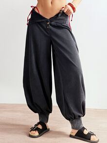 Bohemela 女款休閒波西米亞風純色針織抽繩鬆緊大碼寬鬆九分褲，海軍藍，適合度假與秋季 - 黑色 - 查看 2