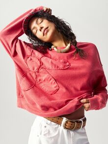 Bohemela Regular Women's Casual Boho Solid Color Embroidery Design Crew Neck Loose Knit Sweatshirt, Long Sleeve In Autumn/ Travel Red Brunch - Red - View 5
