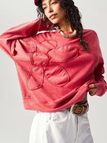 Bohemela Regular Women's Casual Boho Solid Color Embroidery Design Crew Neck Loose Knit Sweatshirt, Long Sleeve In Autumn/ Travel Red Brunch - Red - View 6