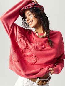 Bohemela Regular Women's Casual Boho Solid Color Embroidery Design Crew Neck Loose Knit Sweatshirt, Long Sleeve In Autumn/ Travel Red Brunch - Red - View 7