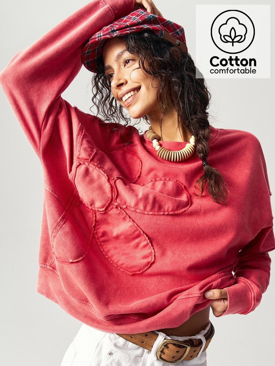 Bohemela Regular Women's Casual Boho Solid Color Embroidery Design Crew Neck Loose Knit Sweatshirt, Long Sleeve In Autumn/ Travel Red Brunch - Red - View 1