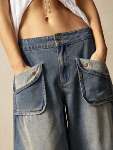Bohemela Women's Casual Retro Low-Waist Flared Leg Pants Baggy - Blue - View 7