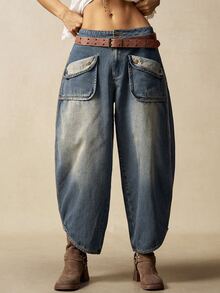 Bohemela Women's Casual Retro Low-Waist Flared Leg Pants Baggy - Blue - View 10