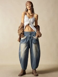 Bohemela Women's Casual Retro Low-Waist Flared Leg Pants Baggy - Blue - View 9