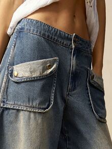 Bohemela Women's Casual Retro Low-Waist Flared Leg Pants Baggy - Blue - View 4