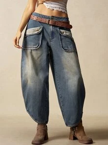 Bohemela Women's Casual Retro Low-Waist Flared Leg Pants Baggy - Blue - View 3