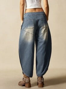 Bohemela Women's Casual Retro Low-Waist Flared Leg Pants Baggy - Blue - View 8