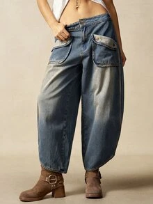 Bohemela Women's Casual Retro Low-Waist Flared Leg Pants Baggy - Blue - View 5