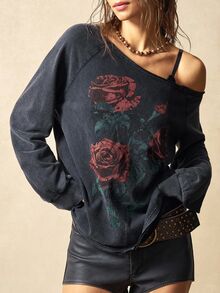 Bohemela 波西米亚风纯色针织不对称肩长袖宽松水洗卫衣，女款，适合冬季、新年、情人节、音乐节等场合穿着。 - 黑色 - 查看 5