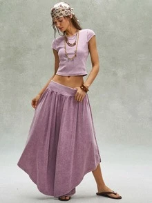 Bohemela 2pcs/Set Women Casual Solid Color Knit Washed Slim Fit T-Shirt & Wide Leg Pants - Multicolor - View 5