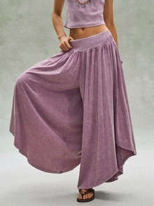 Bohemela 2pcs/Set Women Casual Solid Color Knit Washed Slim Fit T-Shirt & Wide Leg Pants - Multicolor - View 4