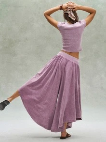 Bohemela 2pcs/Set Women Casual Solid Color Knit Washed Slim Fit T-Shirt & Wide Leg Pants - Multicolor - View 8