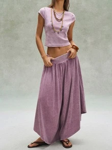 Bohemela 2pcs/Set Women Casual Solid Color Knit Washed Slim Fit T-Shirt & Wide Leg Pants - Multicolor - View 3